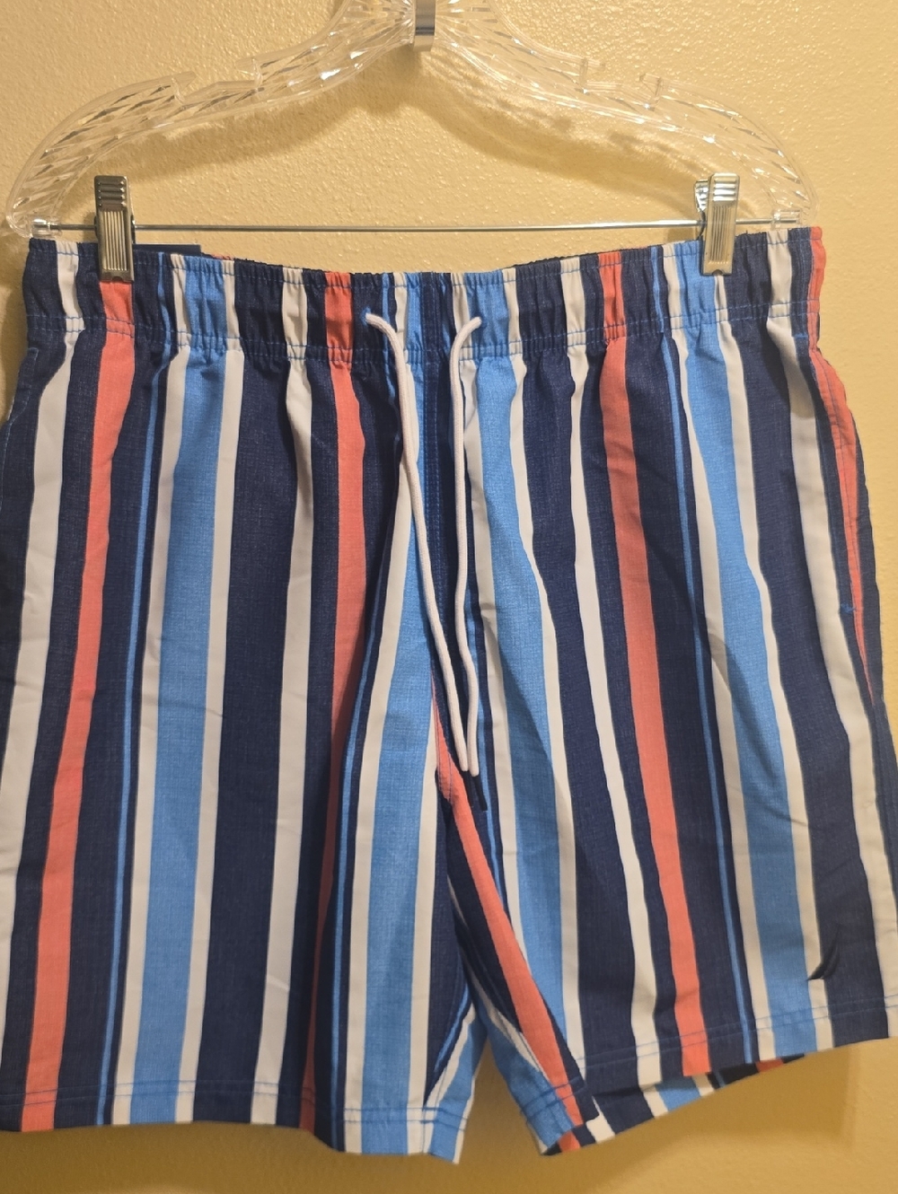 Nautica Men’s Navy, Light Blue, White & Coral Vertical Stripe Swim Shorts